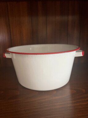 Vintage 2 Quart Enamelware Pot White Trimmed in Red